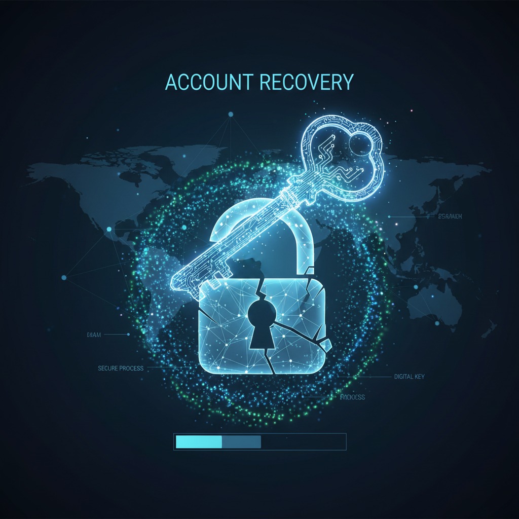 A glowing digital graphic illustrates account recovery with a cracked padlock and key superimposed over a world map.